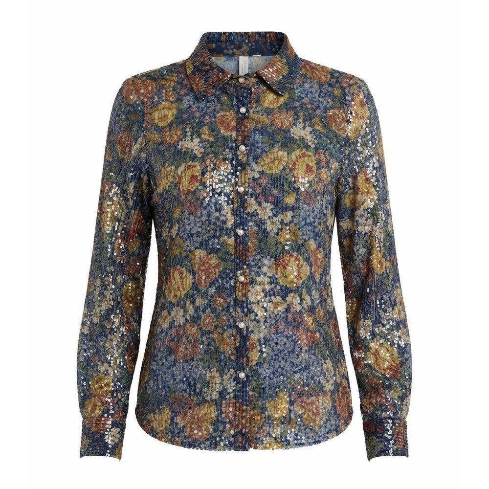 Floral Sequin Mesh Shirt Womens 18/20W Blue Multi Sparkle Good